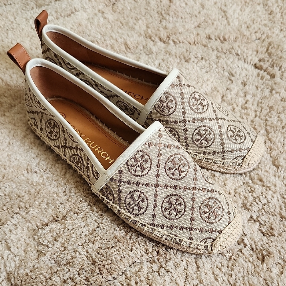 Tory Burch Summer Beige Canvas Logo Espadrilles with Brown Trim